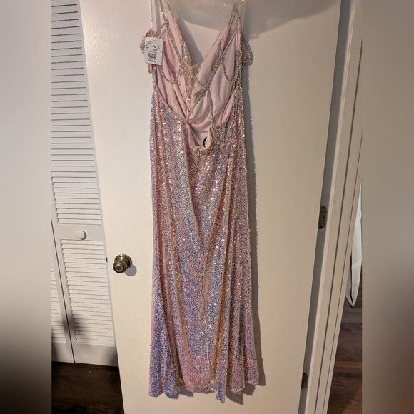 Stretch Sequin Prom Dress with Illusion V-Neck Gown in Iridescent Pink 20 - Picture 6 of 9